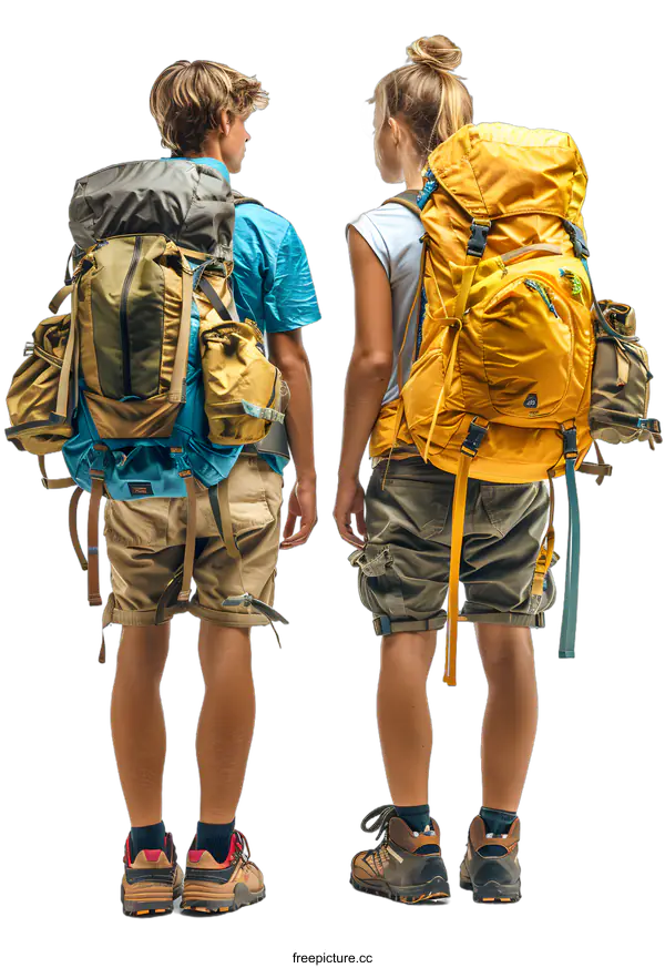 [Transparent Background PNG]Two people with backpacks are standing back to back