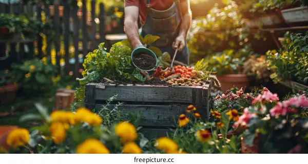 A person gardening in a raised garden bed, surrounded by flowers and vegetables