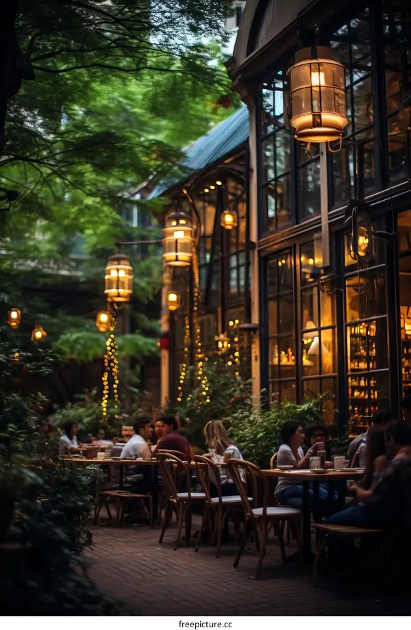 People sitting at tables outside a restaurant