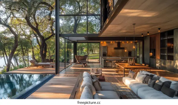 Modern House with Large Glass Walls and Wooden Deck