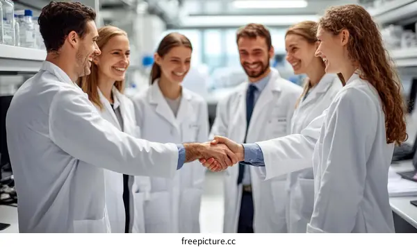 Collaboration in a Medical Lab  Scientists Sharing Ideas