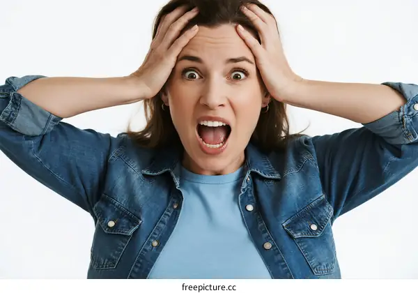Woman with wide open mouth and hands on head showing surprise expression
