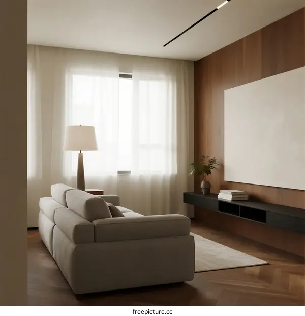 Modern living room with sofa, large window and wooden wall