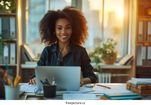 Smiling African American woman wearing headphones and using laptop computer