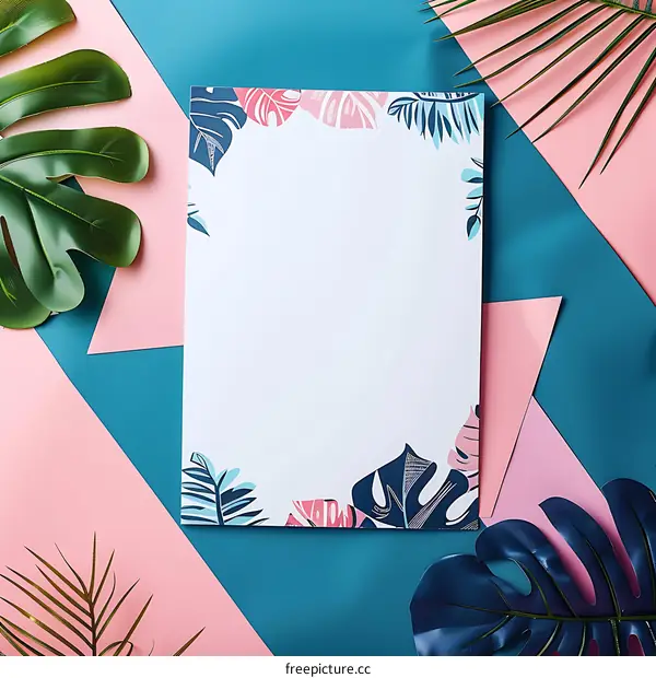 Tropical Leaves and Blank Paper on Teal and Pink Background