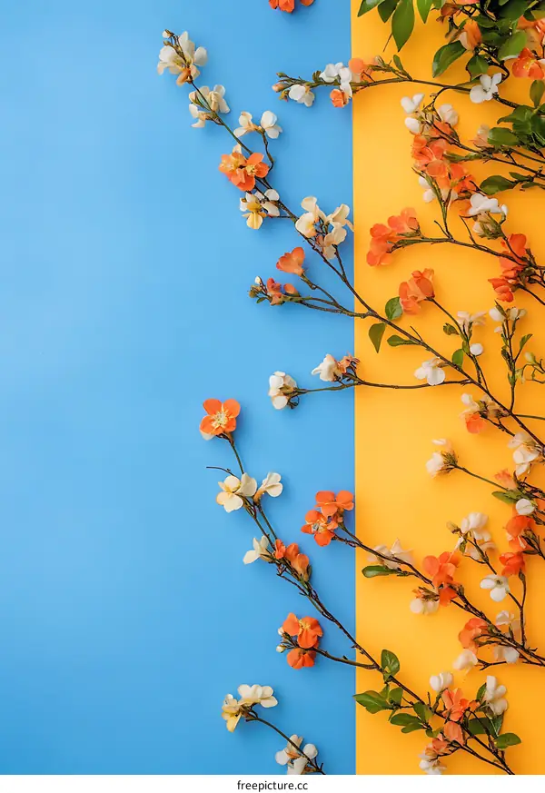 Orange and White Flowers on a Blue and Yellow Background