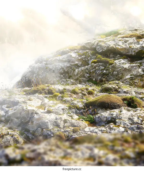 Sun Rays Shining Through the Mist Over the Rocky Mountainside