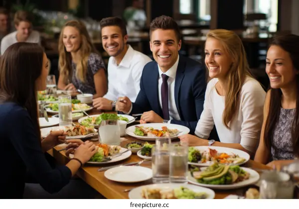 A group of friends are sitting around a table in a restaurant, eating and talking.