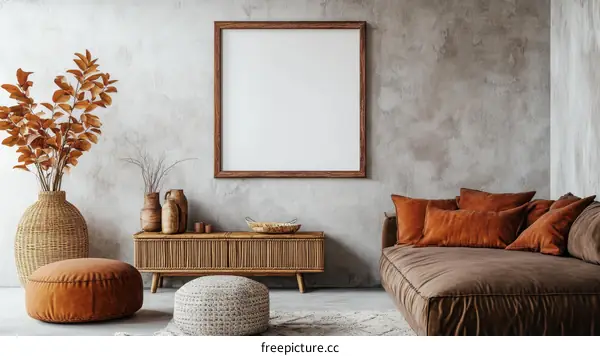 Modern Boho Living Room Mockup with Empty Frame