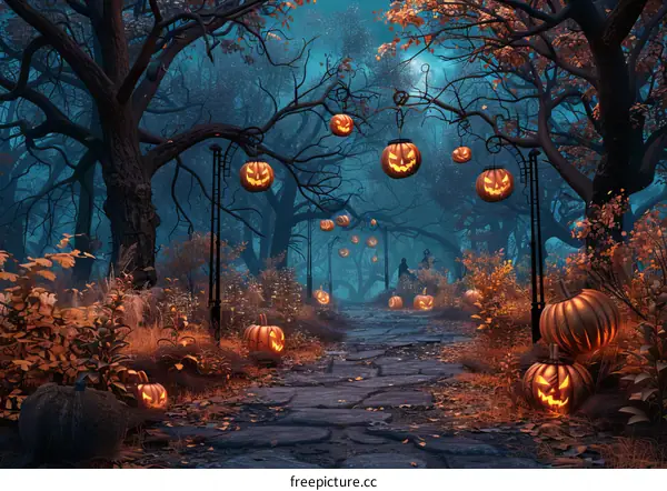 Sinister Pumpkin in the Haunted Woods at Night