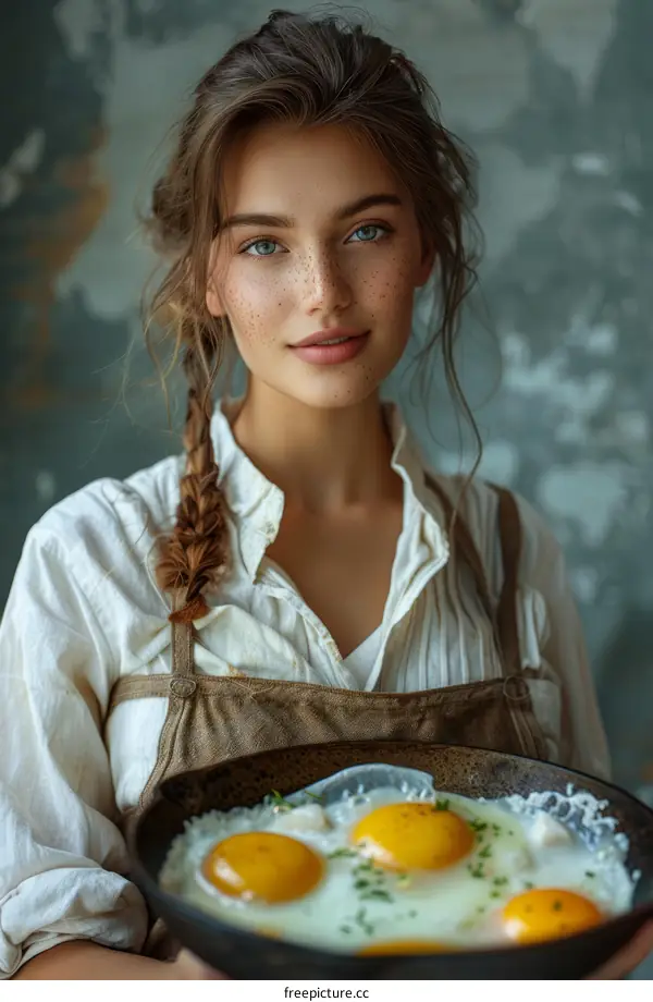 Portrait of a Young Freckled Woman Holding a Plate of Eggs