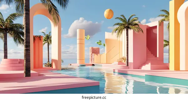 Minimalist 3D Rendering of a Tropical Paradise with Archways and a Pool