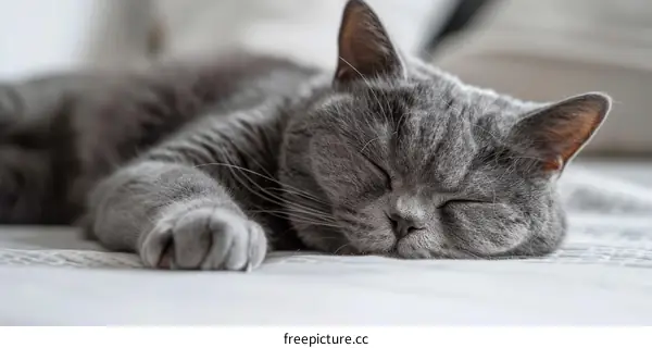 A gray cat is sleeping on a white blanket
