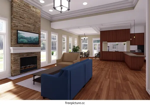 Modern Living Room Interior Design with Fireplace and Large Windows