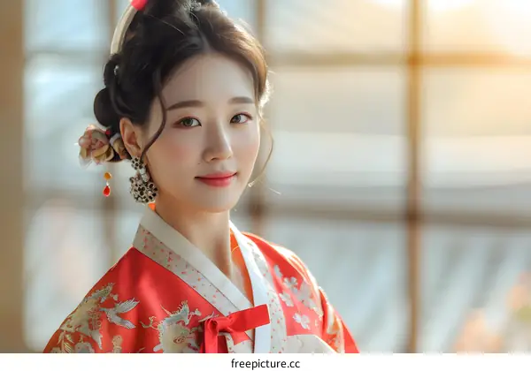 Portrait of a young Korean woman in traditional Korean dress