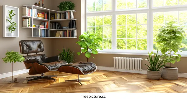 Modern Living Room With Leather Chair And Bookshelf
