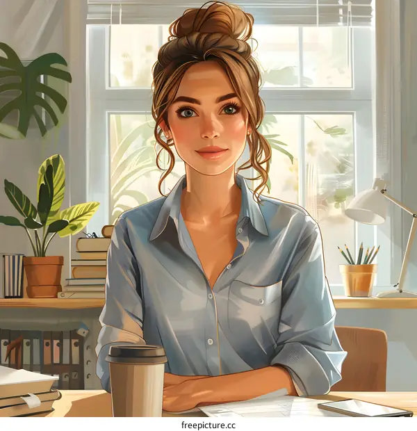 portrait of a beautiful young woman sitting at her desk looking at the camera