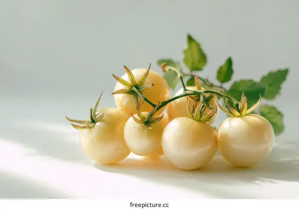 Cluster of Pale Yellow Tomatoes with Leaves