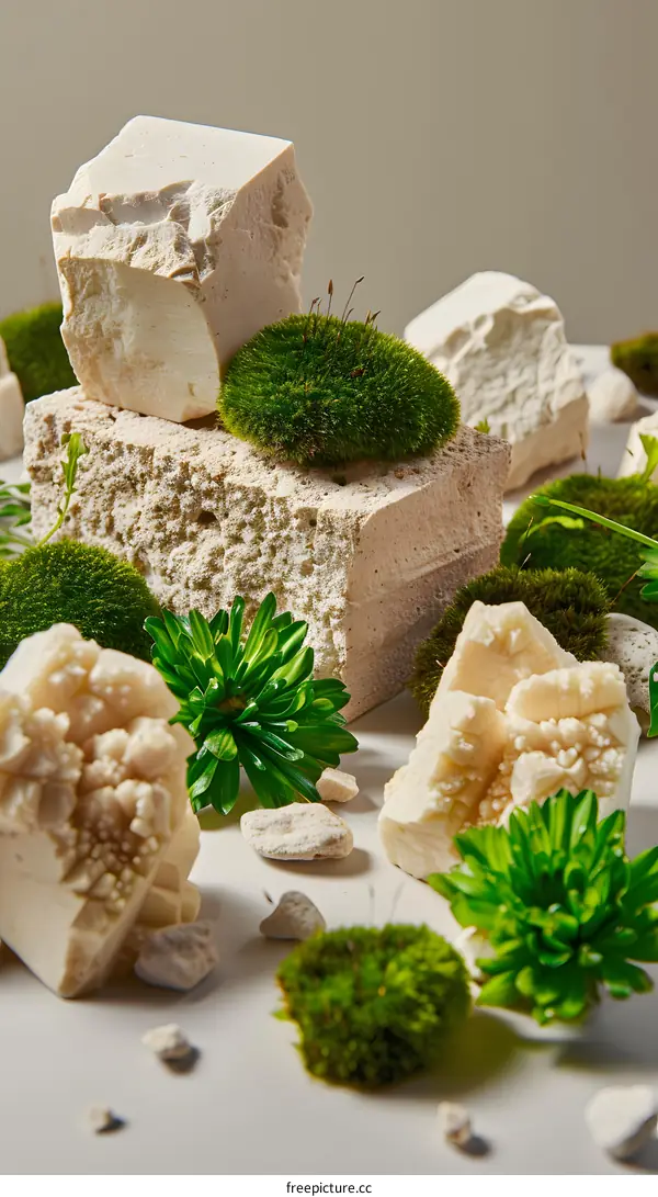 Abstract Minimalist Green Moss And White Stones Still Life Photography