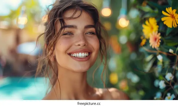 Smiling Woman Outdoors with Flowers