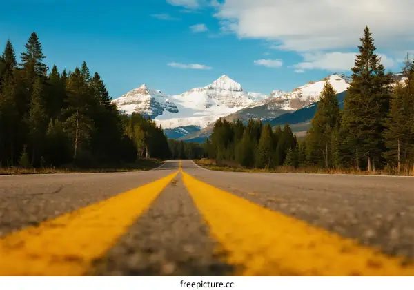A scenic road leading to snow-capped mountains surrounded by trees