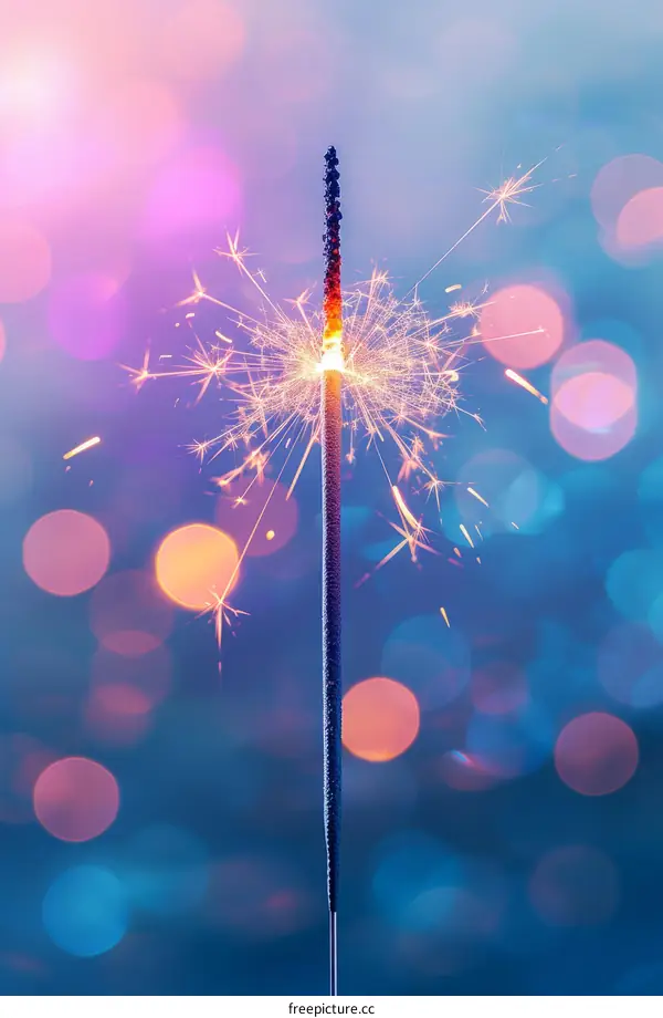 Single lit sparkler against blurred background with bokeh lights