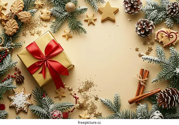 Christmas Background with Gold Gift Box and Decorations