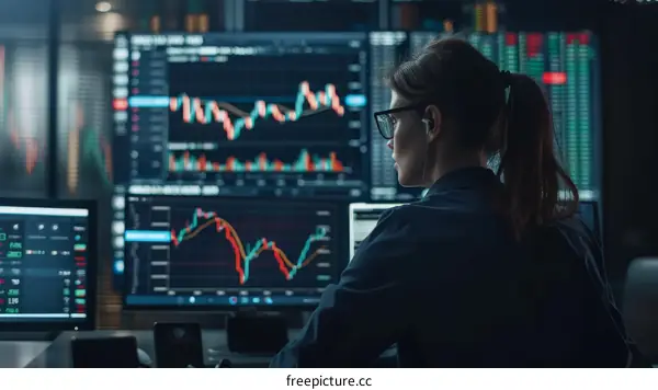 Female stock trader analyzing financial data on multiple computer monitors.股票交易员在多台电脑屏幕上分析股票数据。