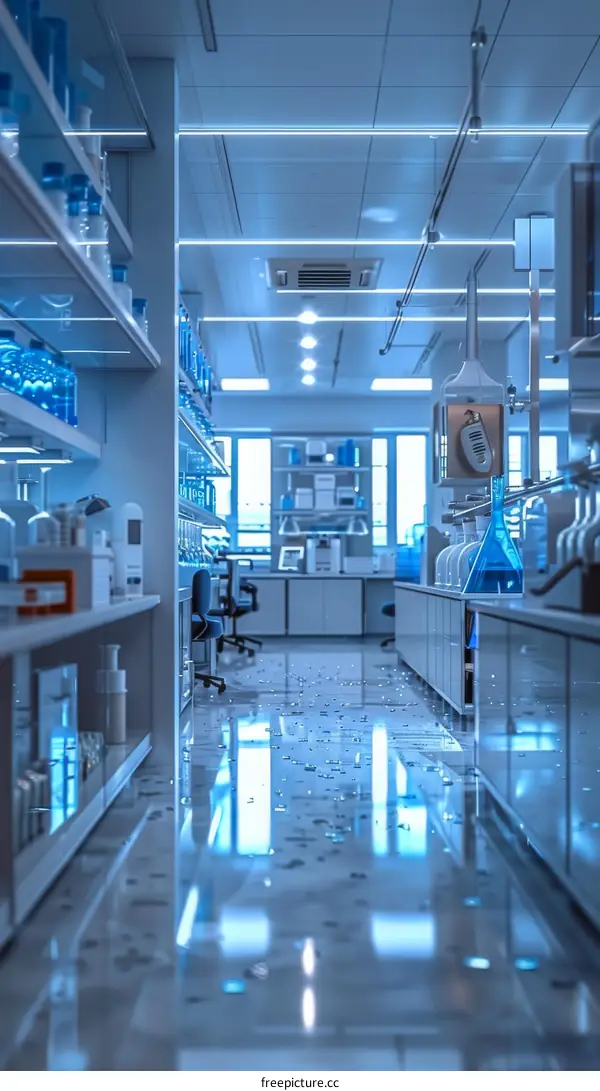 Blue Modern Laboratory Interior with Glassware and Chemicals