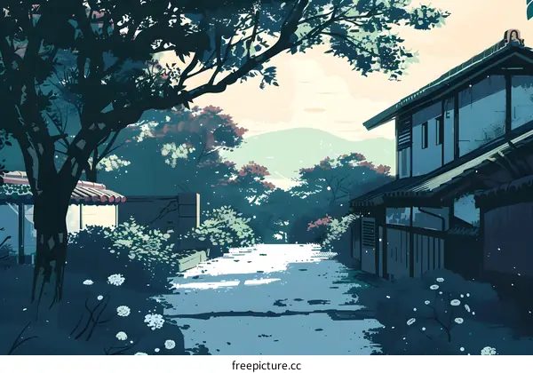 Japanese Style House With Trees And Path