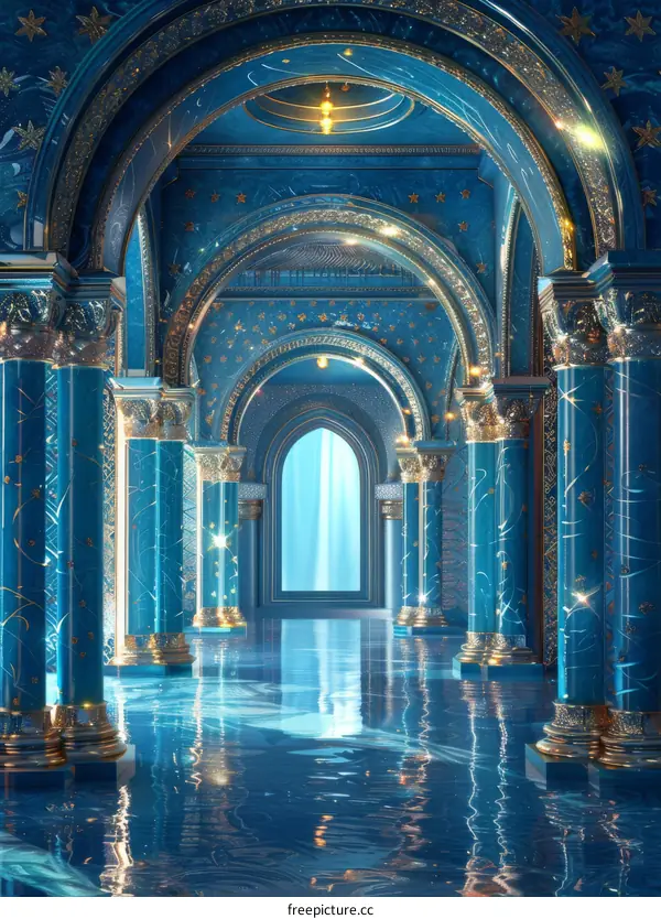 Majestic Blue Palace Hallway Illustration