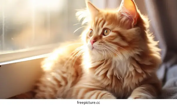 A ginger cat is sitting on a windowsill and looking outside