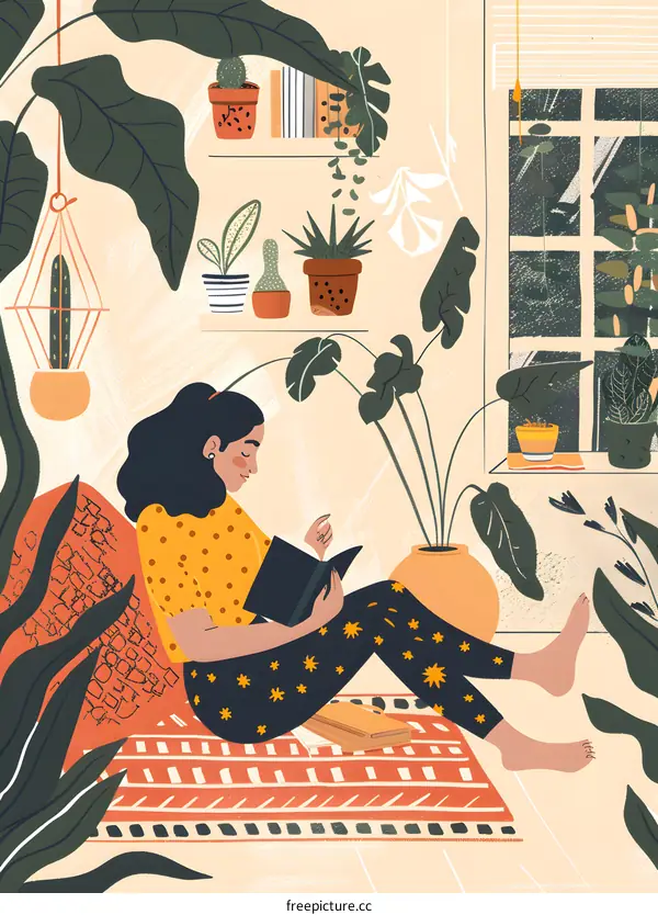 Woman Reading Book in a Room with Plants