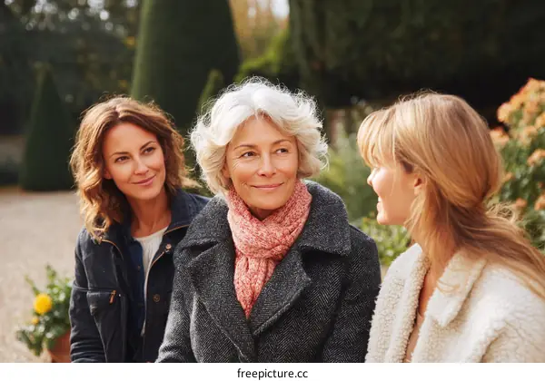Three Women Talking Outdoors in Autumn Garden