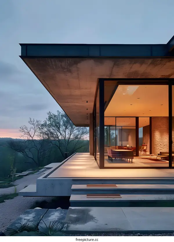 Modern House with Large Windows Overlooking a Green Hilltop