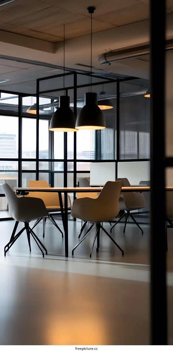 Modern Office Interior with Glass Walls and Pendant Lights