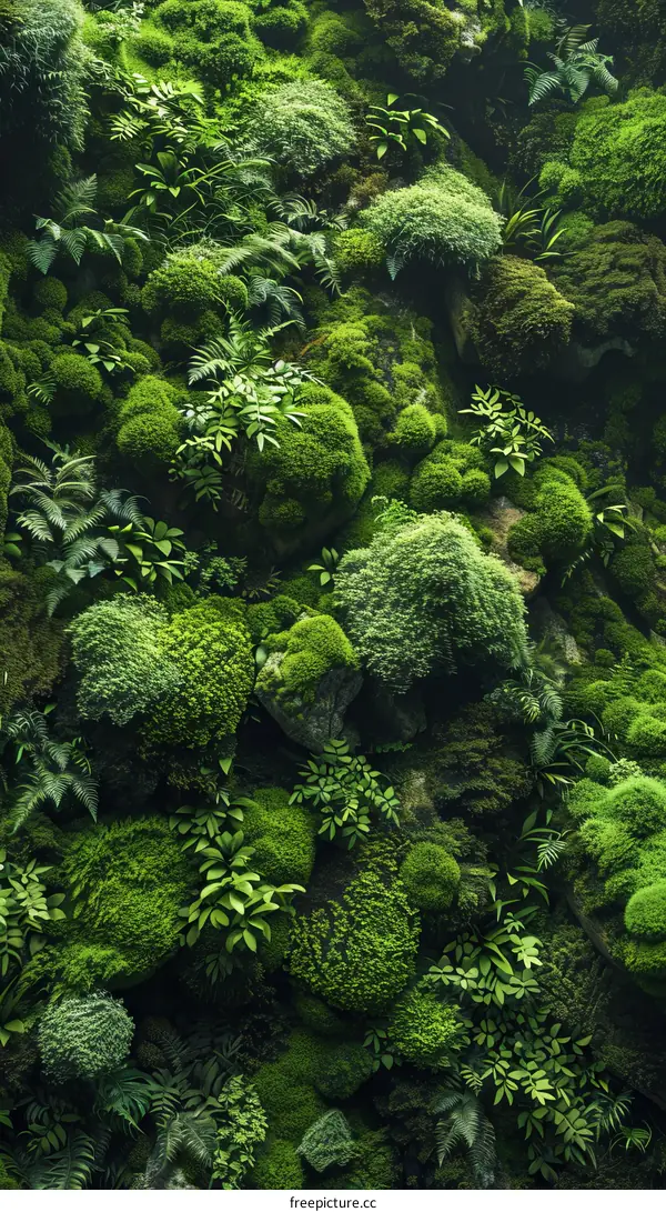 lush green moss and ferns growing on a rock wall