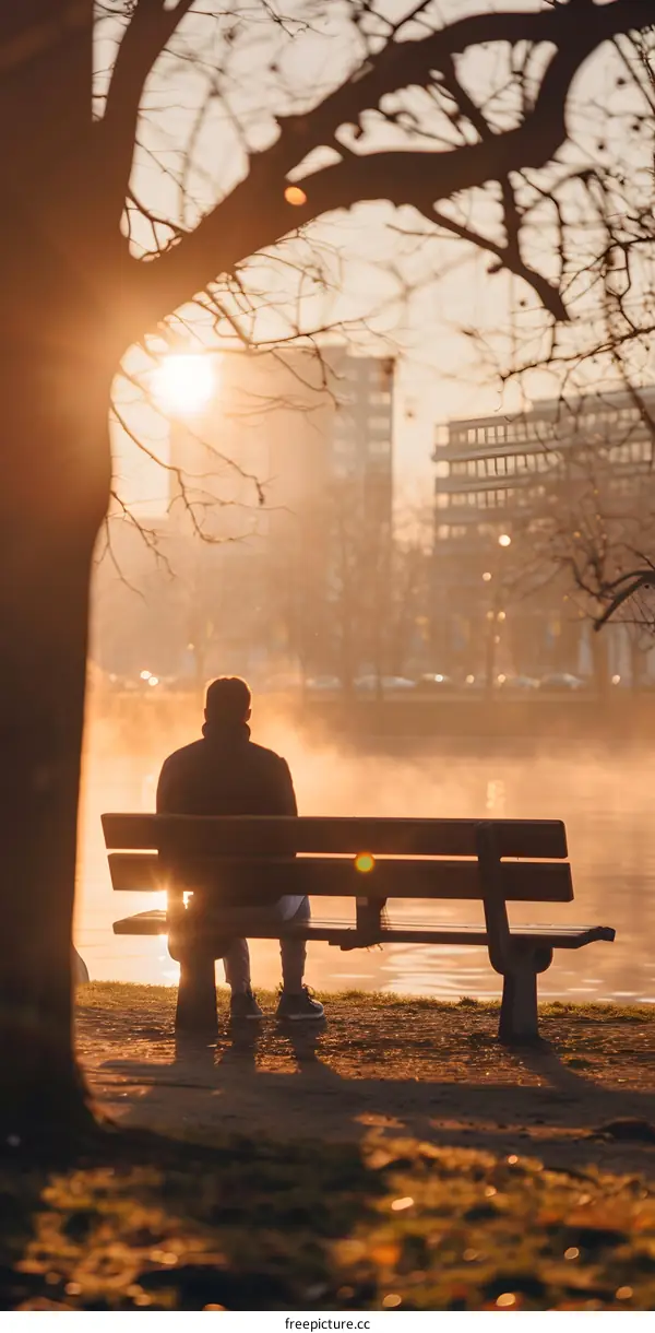 Man Sitting on Bench in Park During Golden Hour