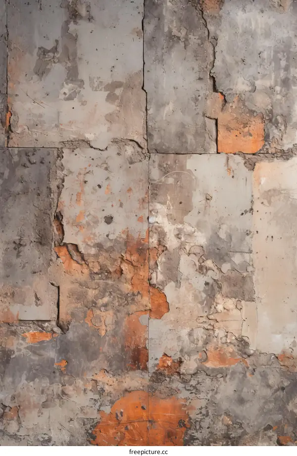 weathered concrete wall with cracks and orange undercoat