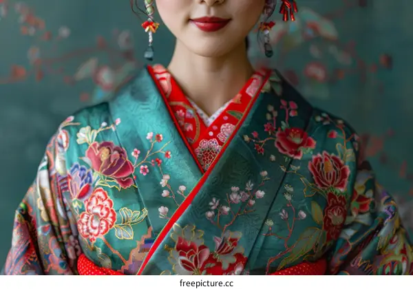 Close-up of a woman wearing a kimono with traditional Japanese patterns