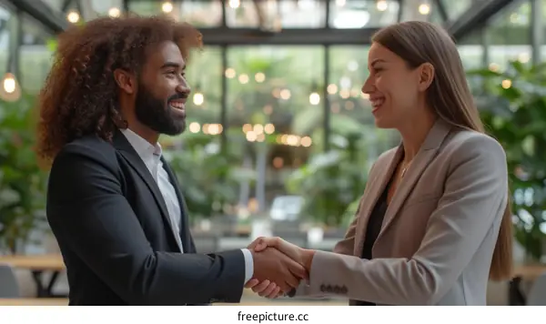 Business handshake between a black man and a white woman in suits
