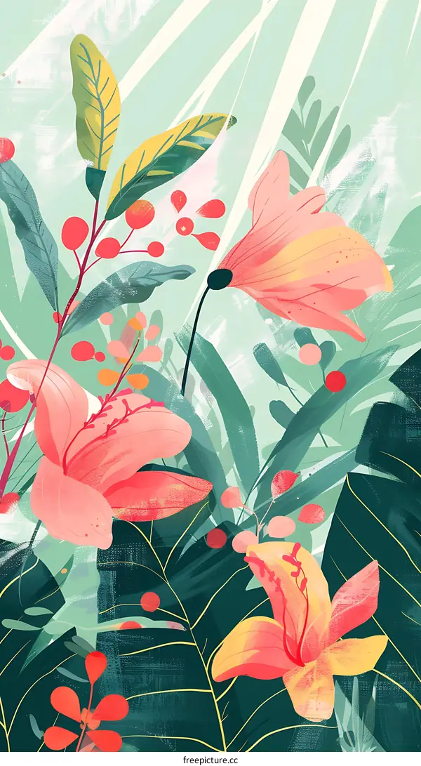 Tropical Floral Illustration With Green Leaves