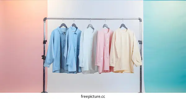 Four Long Sleeve Shirts Hanging on Hanger on Colored Background
