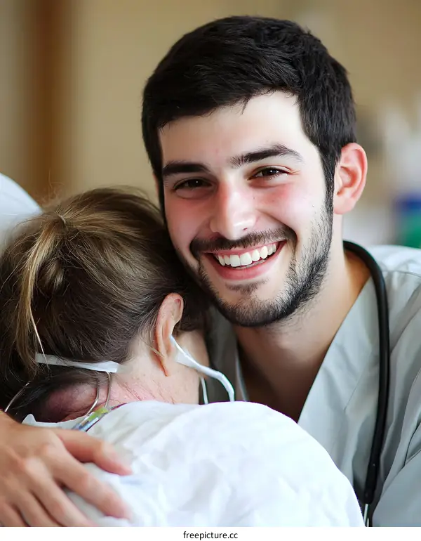 Doctor Hugging Patient in Hospital Bed