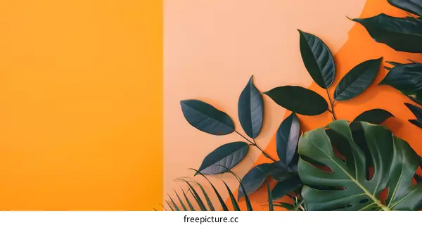 Green Leaves on Orange and Yellow Background