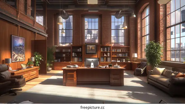 Modern office interior with large windows and brick walls