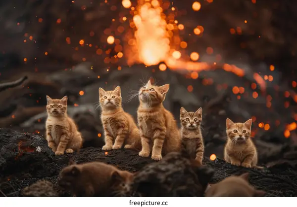 Curious kittens watch a volcanic eruption