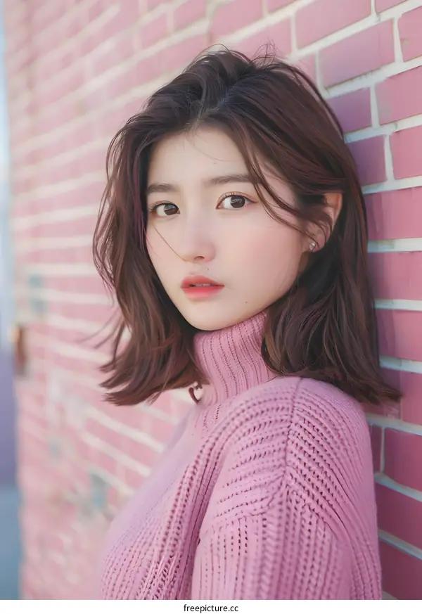 Young Asian Woman in Pink Sweater Leaning Against Brick Wall
