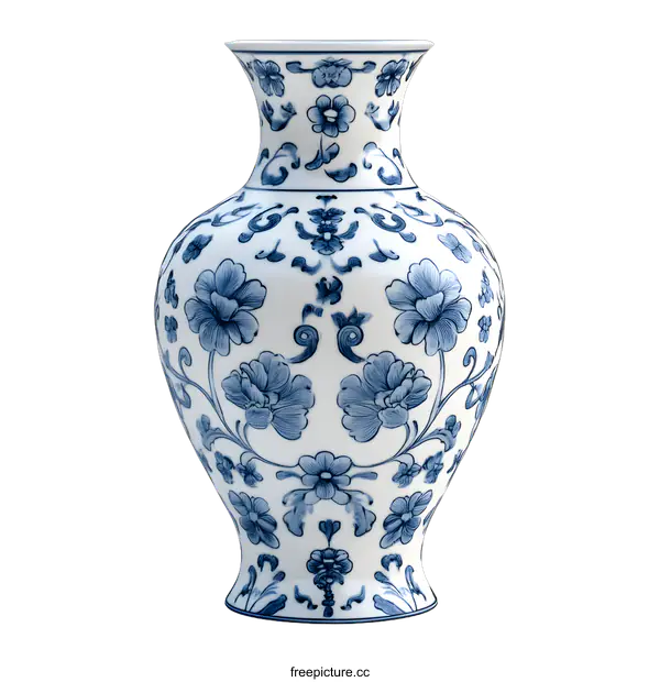 [Transparent Background PNG]Blue and White Porcelain Vase with Floral Pattern