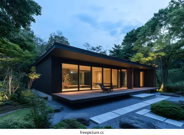 Modern Japanese House with a Wooden Deck and Stone Pathway